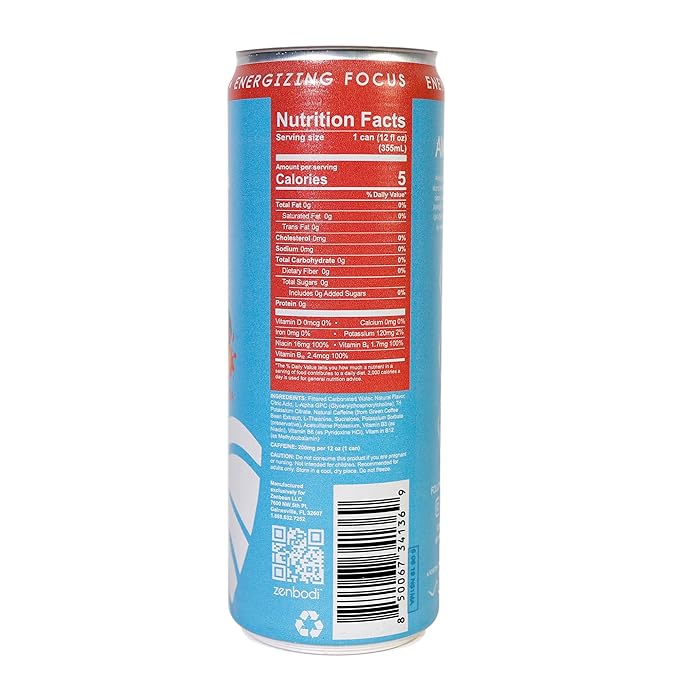 Zenbodi Aloha Zen Peach Tea - AWAKEN Functional Beverage - 12 Pack Energy Drink Zero Sugar Energy Drinks with L-Alpha GPC Caffeine and L-Theanine