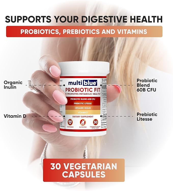 MultiBlue Probiotic Fit – Supports Natural GLP-1 &amp Appetite Control for Women &amp Men Bifidobacterium B-420 Digestive &amp Gut Health 10 Probiotic Strains 60 Billion CFU Prebiotic + Vitami