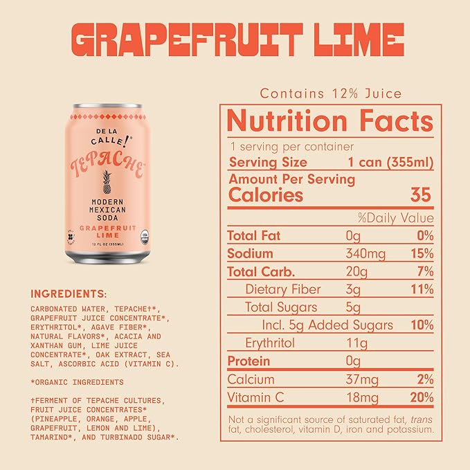 De La Calle Tepache - Grapefruit Lime - Modern Mexican Soda - Craft Fermented Pineapple Sparkling Beverage - Certified Organic Antioxidant Rich Non-Alcoholic Healthy Soda Low Sugar Low Calorie N