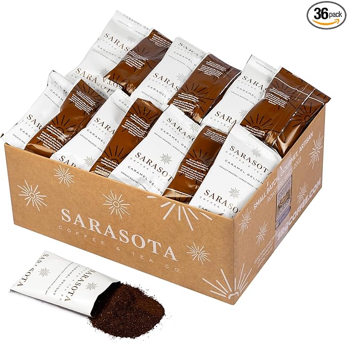 Coffee Packets – Salted Caramel Flavored Ground Coffee Packs | Gourmet Medium Roast Low Acid Mold Free Pre-Measured Pouches for 12 Cup Brewers | 2 oz Single-Pot Bags 36 Count – Sarasota Coffee
