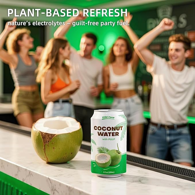 VIIBI Coconut Water with Pulp Low Calorie All-Natural Drink with Electrolytes NO added Sugar Smart Alternative to Coffee Soda and Sports Drinks - Gluten Free 11 Fl Oz (Pack of 24 Cans)