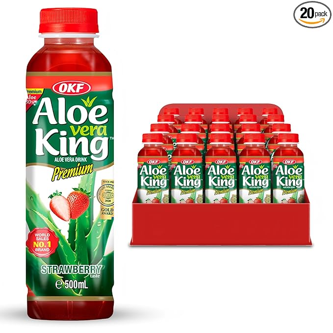 OKF Aloe Vera King Drink with Pure Aloe Pulp Variety Flavors 16.9 oz. (Strawberry Pack of 20) Korean Premium Health Beverage