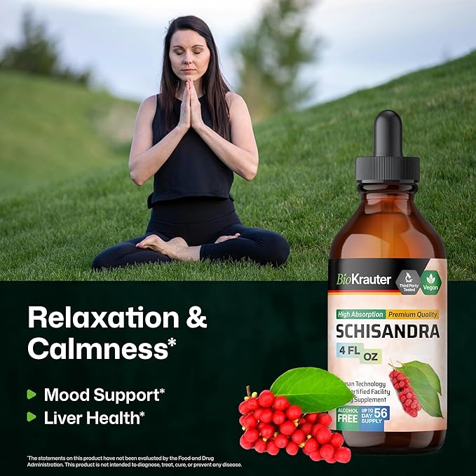BIO KRAUTER® Schisandra - Liquid Drops Schisandra Berry 650 mg per Serving 4 Fl.Oz 56-Day Supply - Pure Vegan Calm &amp Mood Support Supplement - Alcohol &amp Sugar Free - Natural Calm Drops for Rel