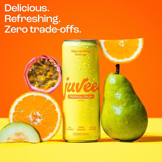Juvee Rejuvenating Energy Drink – Sugar Free Tropical Crush Flavor 12 oz Cans (12-Pack) – 128mg Natural Caffeine Zero Sugar Low Calorie Clean Energy &amp Mental Focus Support