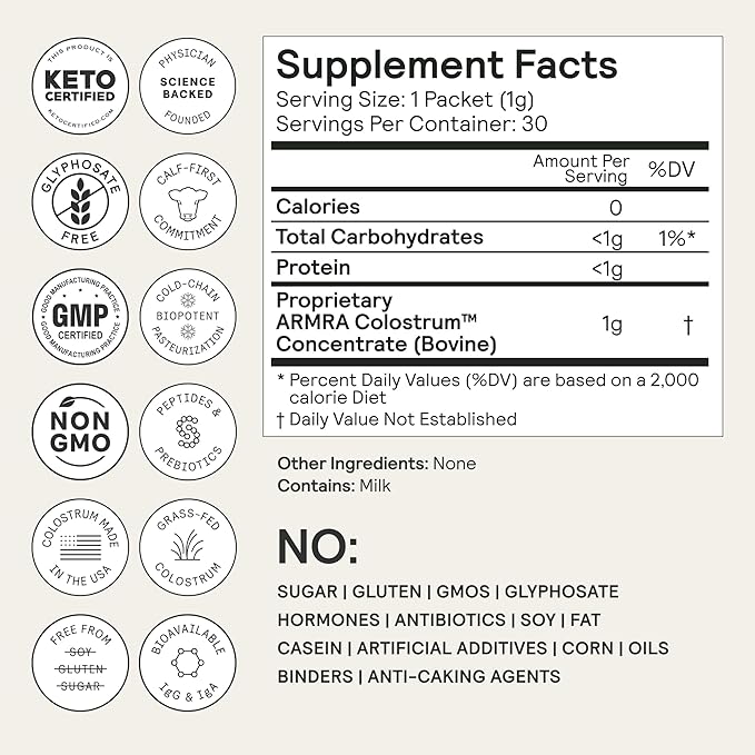 ARMRA Colostrum Powder | Unflavored | Gut Health &amp Bloating | Skin &amp Hair | Immunity | Keto Gluten &amp Fat-Free | 30 Servings