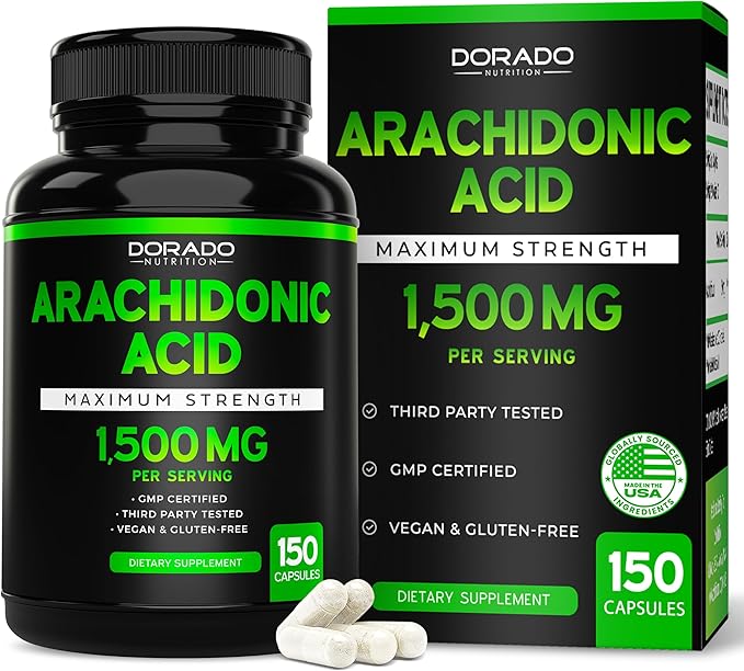 Arachidonic Acid Supplement 1500mg (150 Capsules) - Muscle and Strength Supplement for Muscle Mass &amp Recovery for Men &amp Women - Gluten Free &amp Non-GMO - 3rd Party Tested - (150 Capsules)