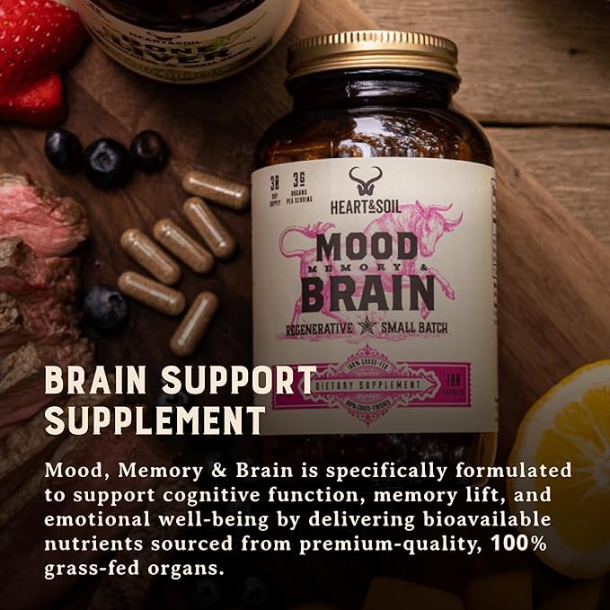 HEART &amp SOIL – 100% Grass Fed &amp Finished Beef Brain Supplement from Regenerative Cattle – for Cognitive Function &amp Memory – 3000mg Focus Supplement with Beef Organs – Glass Bottle – 180 Ca