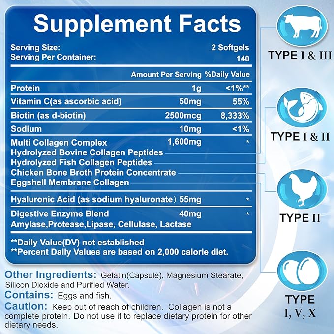 Multi Collagen Peptides for Women &amp Men Hydrolyzed Collagen Peptides-Type I II III V X - with Hyaluronic AcidVitamin CBiotinSupports Skin Hair Nail Non-GMO560 Softgels