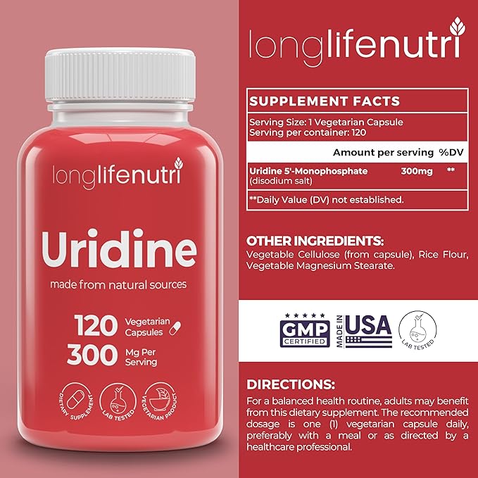 LongLifeNutri L-Tryptophan 500 mg &amp Uridine Monophosphate 300 mg Bundle – 180 Veg Caps + 120 Veg Caps 6 &amp 4-Month Supply Sleep &amp Mood + Focus Support Non-GMO Lab Tested Made in USA