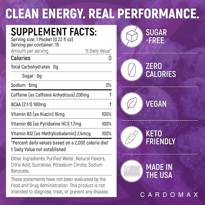 CardoMax - Energy Drink Packets - Liquid Preworkout for Men &amp Women Caffeine Packets with BCAA Vitamin B12 Vitamin B6 &amp B3 - Sugar-Free Zero Calorie Vegan &amp Keto - 15 Stick Packs - Gra