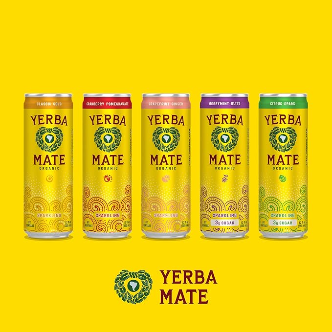 Yerba Madre Organic Organic Sparkling Yerba Mate Classic Gold 80mg Natural Plant Based Caffeine Smooth Energy &amp Focus Carbonated 12 Oz (Pack of 12) (Packaging May Vary)