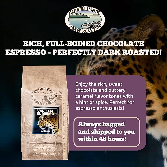 Camano Island Coffee Roasters Varietal Supremo Espresso Blend Ground 1lb Fresh Dark Roast USDA Organic Fairly Traded Shade Grown Arabica Chocolate Caramel Hint of Spice Flavor Profile