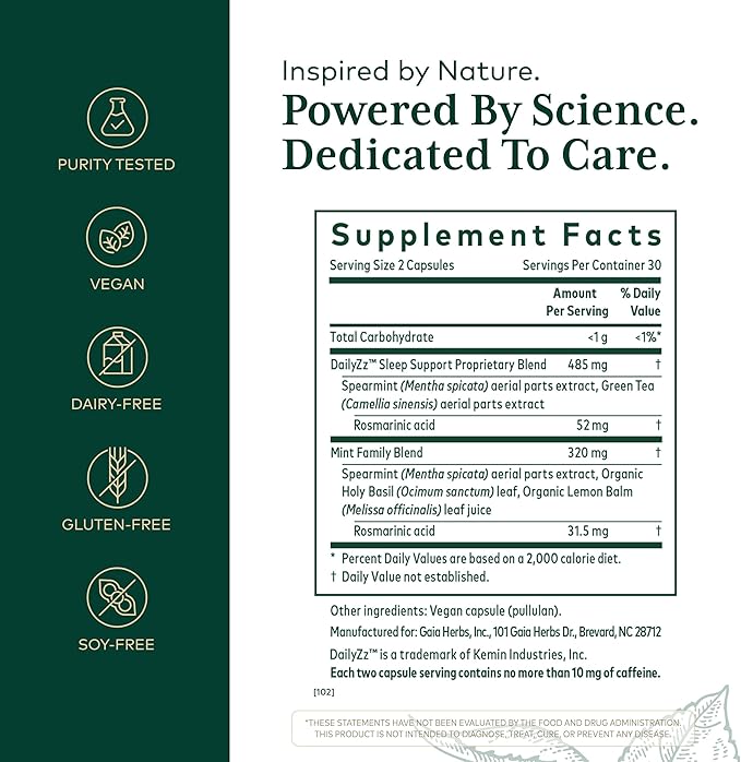 Gaia Herbs Pro Somni-Mint Rosmarinic Complex - Sleep Health &amp Relaxation Support Supplement* - Restful Sleep Support* with Spearmint Green Tea &amp Lemon Balm - 60 Capsules (30 Servings)