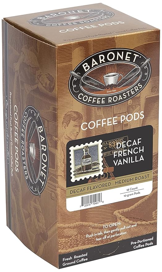 Baronet Coffee Pods [DECAF French Vanilla-54 Pods] Flavored Single Cup Use Like Senseo [3 Boxes of 18 Single Serve 10 Gram] Regular Strength Med Roast [Decaf Fr Van]
