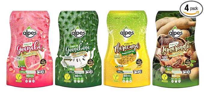 Alpes Premium Bundle Soursop Tamarind Guava Passion Fruit Pulp with seeds 100% Real Fruit Tropical Guanábana Tamarindo Guayaba Maracuyá. Ideal for Cocktails Juices Smoothies Desserts Gourm