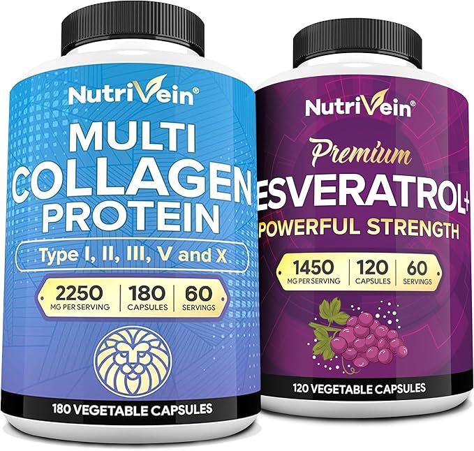 Nutrivein Premium Multi Collagen Capsules &amp Resveratrol Supplement Bundle: High-Absorption Trans Resveratrol Supplement &amp Multi Collagen Peptides Capsules for Mobility Repair &amp Well-Bein