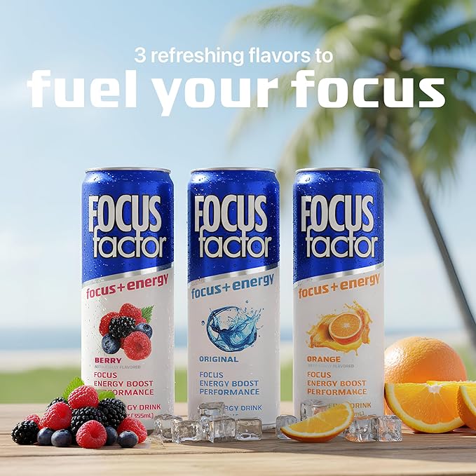 Focus Factor Energy Drink - 12 x 355ml Cans (Original Flavor) - with Focus + Energy - Lightly Carbonated Sugar Free Low Calorie with Vitamin B6 &amp Vitamin B12