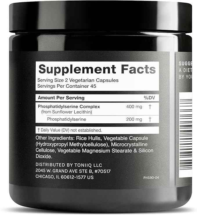Toniiq Phosphatidylserine - 400mg Formula - World’s First 50% Purity - Highest Purity in The US - Soy Free Phosphatidylserine Supplement - 90 Veggie Capsules