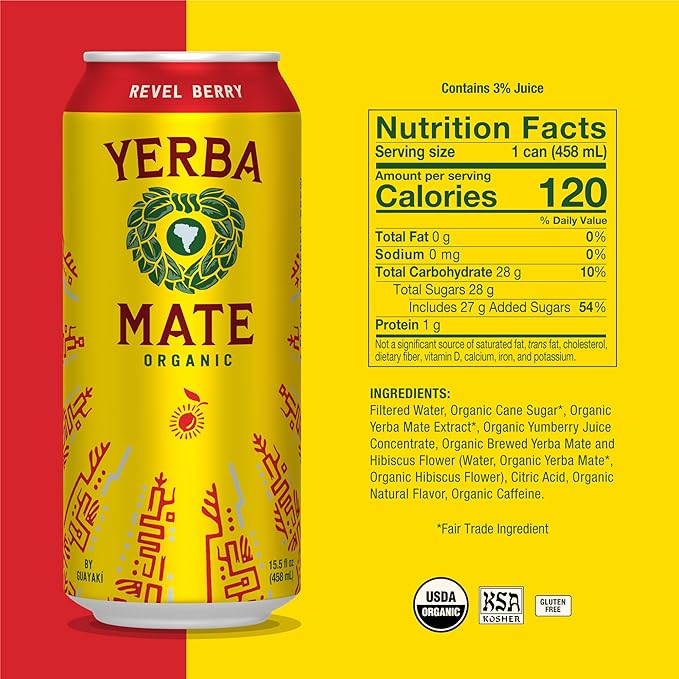Yerba Madre Organic Yerba Mate Clean Energy Drink Alternative Bundle Revel Berry &amp Awakening Flavors 15.5 Oz (Pack of 24) 150mg Natural Caffeine Smooth Energy &amp Focus