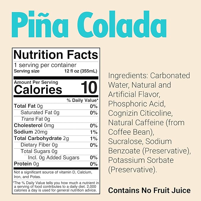 BUM Sugar-Free Energy Drink Pina Colada - Lightly Carbonated &amp No Artificial Colors Natural Caffeine &amp Citicoline for Energy &amp Focus Brain Boost &amp Workout Sports Beverage - 12 oz P