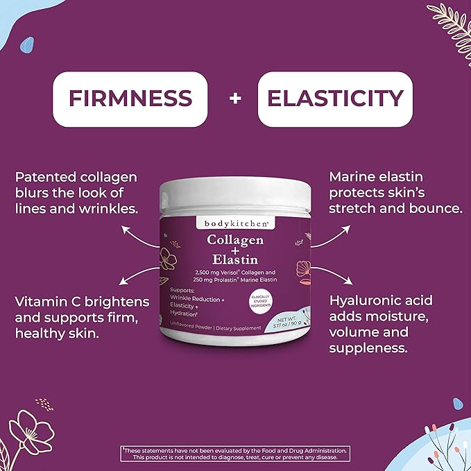Body Kitchen Collagen and 250 mg Elastin Supplement to Aid Signs of Aging Support Skin Health &amp Elasticity Fewer Wrinkles Unflavored Powder Tasteless Odorless Colorless 30 Servings (2 Pack)