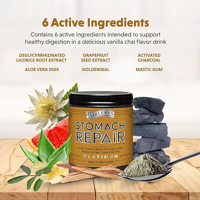 Barlean's Stomach Repair Gut Health Powder Supplement Fiber and Digestive Support Supplements Blend for Detox and Cleanse Vanilla Chai Drink Mix 6.35 oz