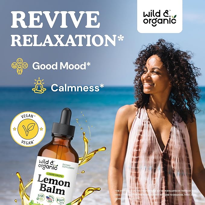 Wild &amp Organic Lemon Balm Tincture - Mood Support Supplement - Melissa Lemon Balm Leaf Extract Drops - Vegan Sugar &amp Alcohol-Free Calming Supplement - 4 fl oz