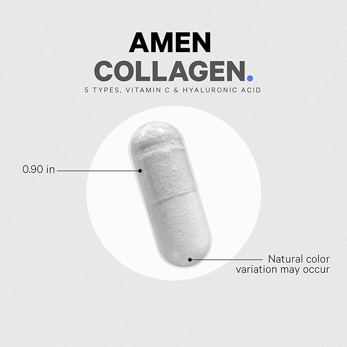 Amen Multi Collagen Peptides Capsules with Hyaluronic Acid and Vitamin C - 5 Types of Collagen Protein Type I II III V X - Grass Fed Hydrolyzed - 18 Amino Acids - Collagen Supplement - 90 Pills