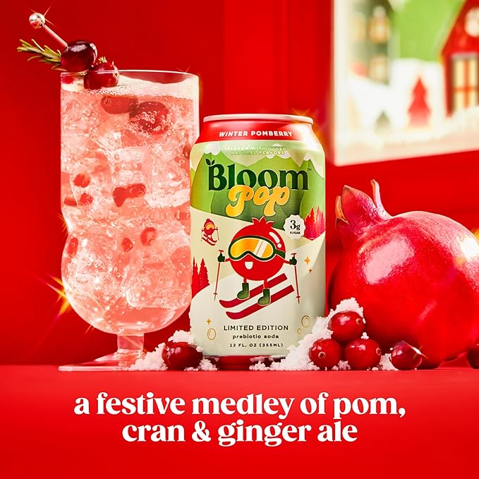 Bloom Pop Prebiotic Soda 12 Pack Winter Pomberry Flavor 12oz Cans | Prebiotic Soda for Gut Health Low Calorie Soda No Caffeine Healthy Soft Drink Alternative