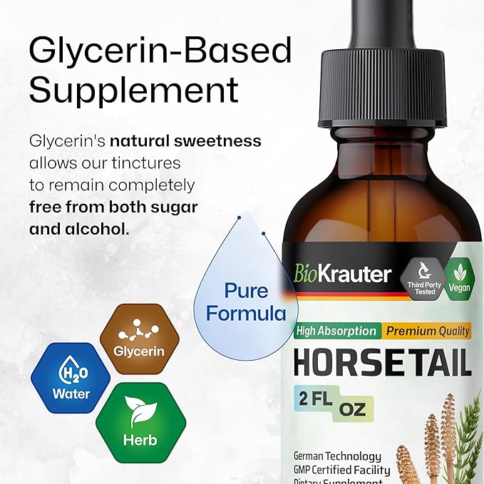 BIO KRAUTER® Horsetail Supplement for Hair Skin &amp Nails - Vegan &amp Pure Horsetail Herb Liquid Drops 660 mg per Serving 2 Fl.Oz. - Silica Hair Supplement - Alcohol &amp Sugar Free - 28 Days of