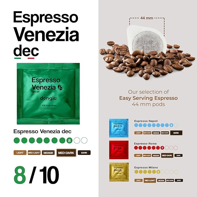 Dongiò Caffè Espresso Venezia (dek) - 50 Easy Serving Espresso Pods (ESE 44mm) – Dark Roast Coffee (Intensity 8/10) - Roasted and Blended in Italy