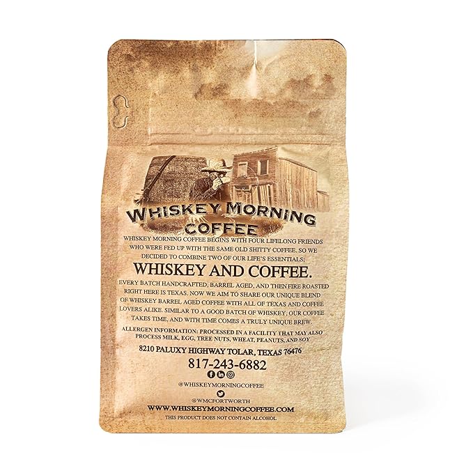 Whiskey Morning Coffee Bourbon Barrel Aged Whole Bean Fire Roasted Coffee Beans 100% Arabica Specialty Grade Non-Alcoholic Whiskey Infused Coffee Beans Small Batch Texas Roasted 10 oz Bag