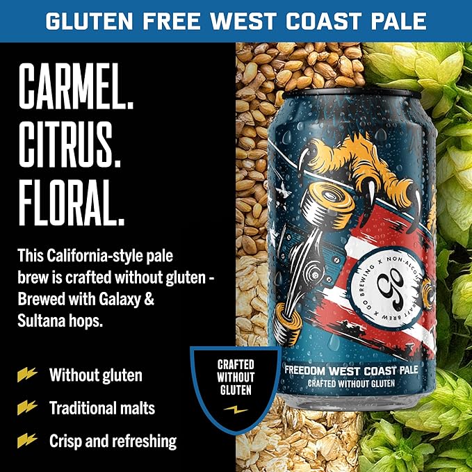 Go Brewing - Freedom West Coast Pale Amber and Hazy IPA Non-Alcoholic Craft Beer - Small Batch Brew with Classic Ingredients - Low-Calorie &amp Crafted Without Gluten - Bold Balanced Taste (12 Oz
