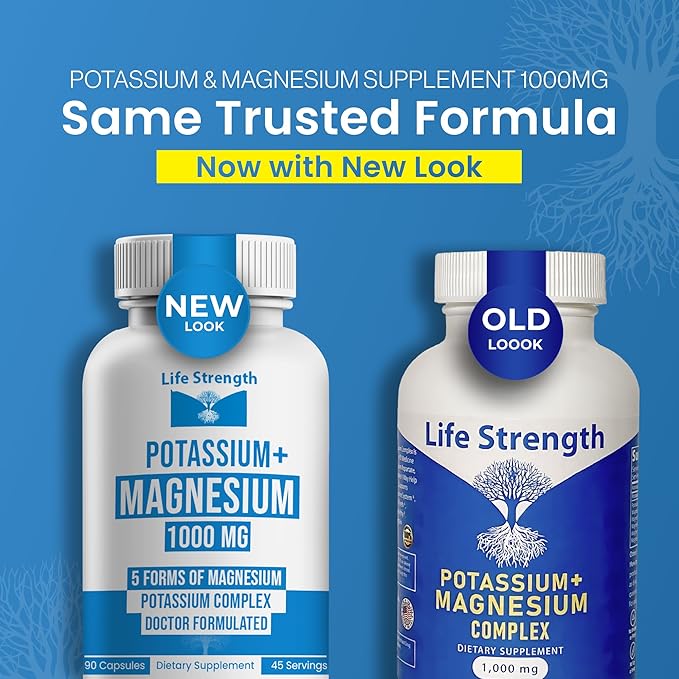 Life Strength Potassium Magnesium Supplement 1000mg (90 Caps) – Potassium Magnesium Complex with Aspartate Glycinate Oxide Gluconate &amp Citrate – Muscle Heart &amp Electrolyte Support - 45-Day