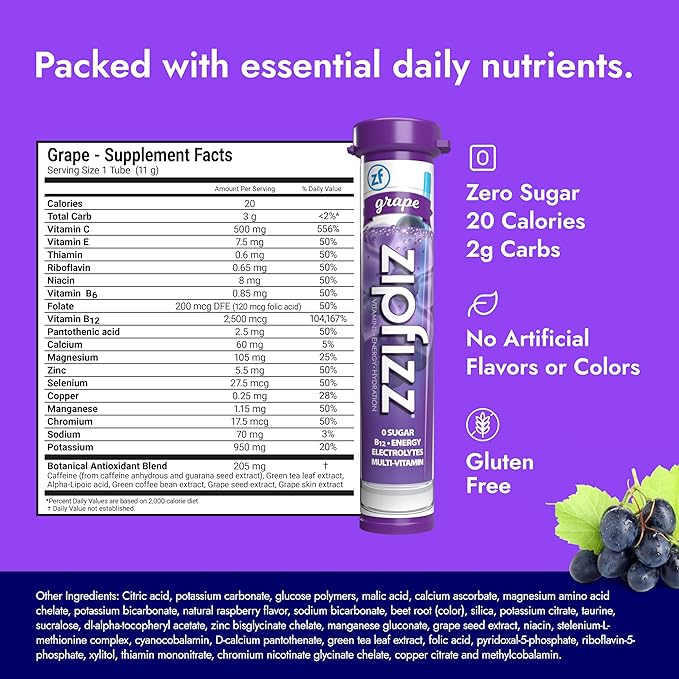 Zipfizz Daily Energy Drink Powder Grape 12 Pack | 3-in-1 Sustained Energy Rapid Hydration and Essential Vitamins | Sugar-Free | Electrolyte Powder | Contains Vitamin B-12 &amp Antioxidants