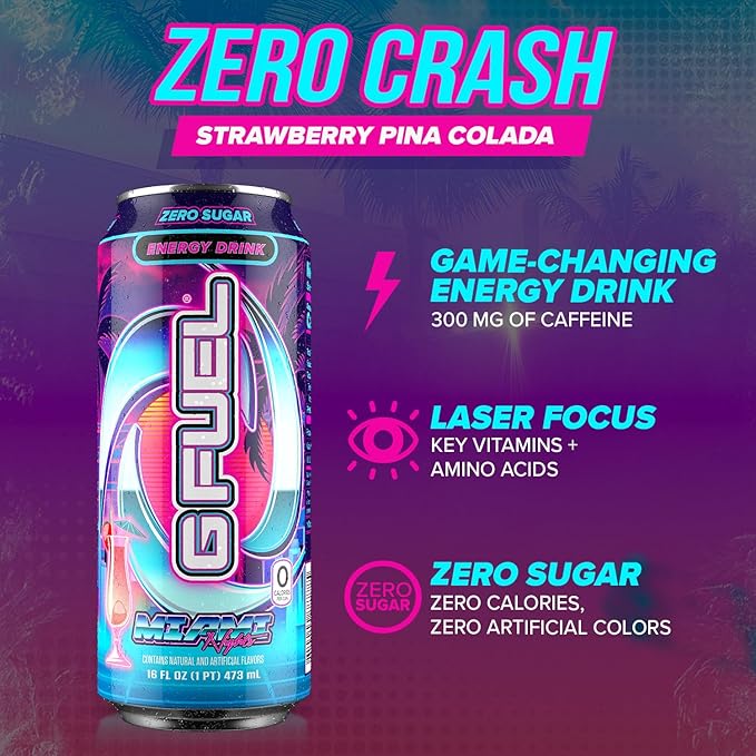 G Fuel Energy Drink Strawberry Pina Colada Sugar Free Beverage with 140mg Caffeine Daily Energy Boost with Focus Amino Vitamin + Antioxidants 16 oz Cans (Miami Nights 12-Pack)