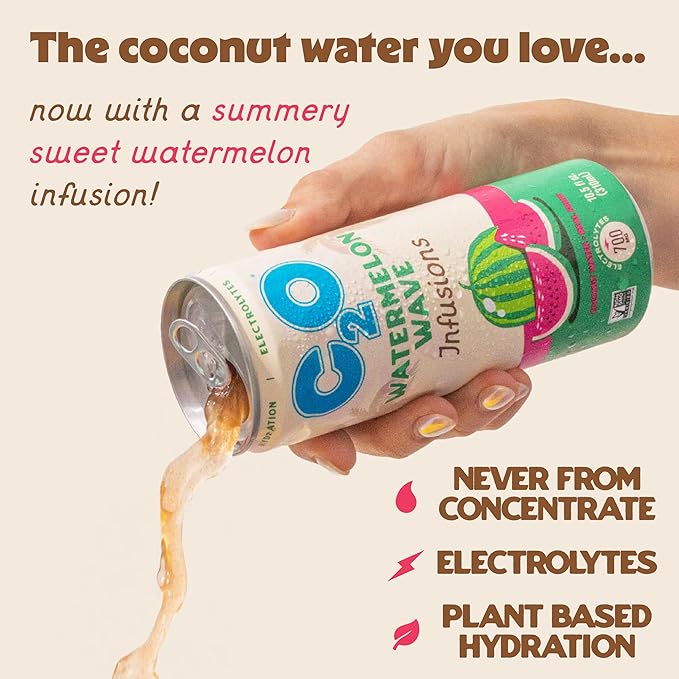 C2O - Coconut Water Infusions - Watermelon Wave (12 Pack) - 700mg of Electrolytes - Made with Fresh Coconut Water + Real Fruit Juice - Plant Based Natural Hydration Non GMO - 12 Slim Cans 10.5 fl oz