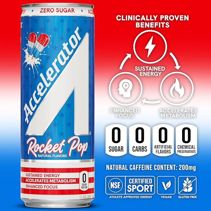 Accelerator Energy DrinkRocket Pop 12oz canZero SugarSustained Energy from 100% Natural Caffeine (200mg from Green Coffee Bean &amp Green Tea extract)(Pack of 24)