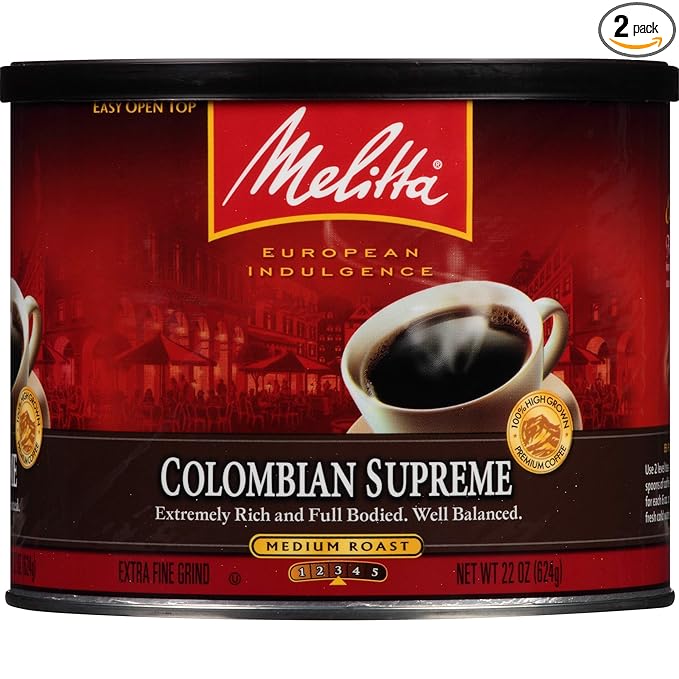 Melitta 100% Colombian Medium Roast Ground Coffee 23-Ounce Cans (Pack of 2) 46 Ounces Total