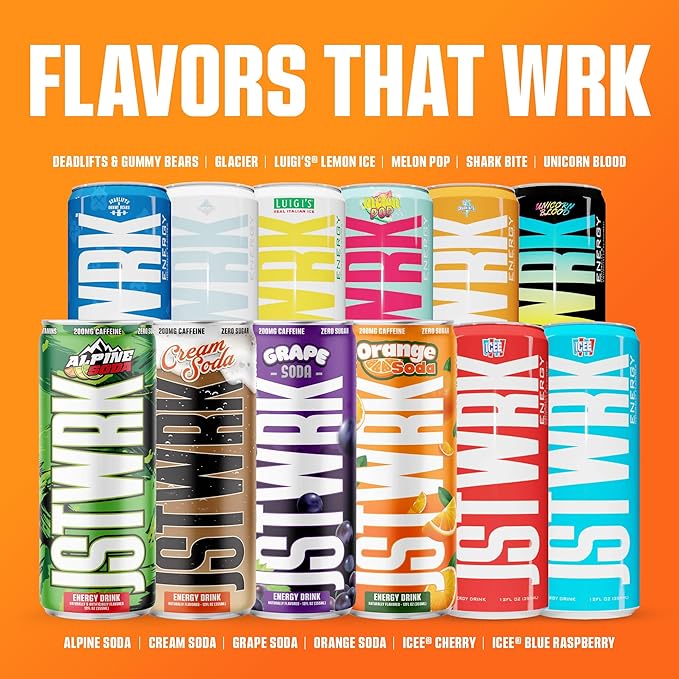 JST WRK Energy Drink - 12-Pack Sugar-Free Zero Calories No Sugar Alcohols 12 Fl Oz. 200 milligrams Caffeine (Orange Soda)