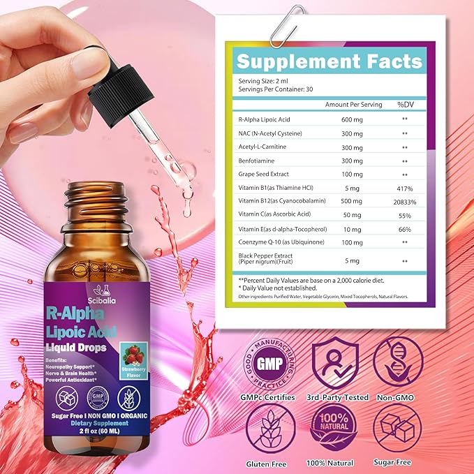 R Alpha Lipoic Acid 600mg Liquid Drops for Neuropathy Advanced 11-in-1 Stabilized R-ALA Supplement w. Benfotiamine Acetyl L-Carnitine Vitamin C E for Antioxidant Nerve Brain Energy Health Non GMO