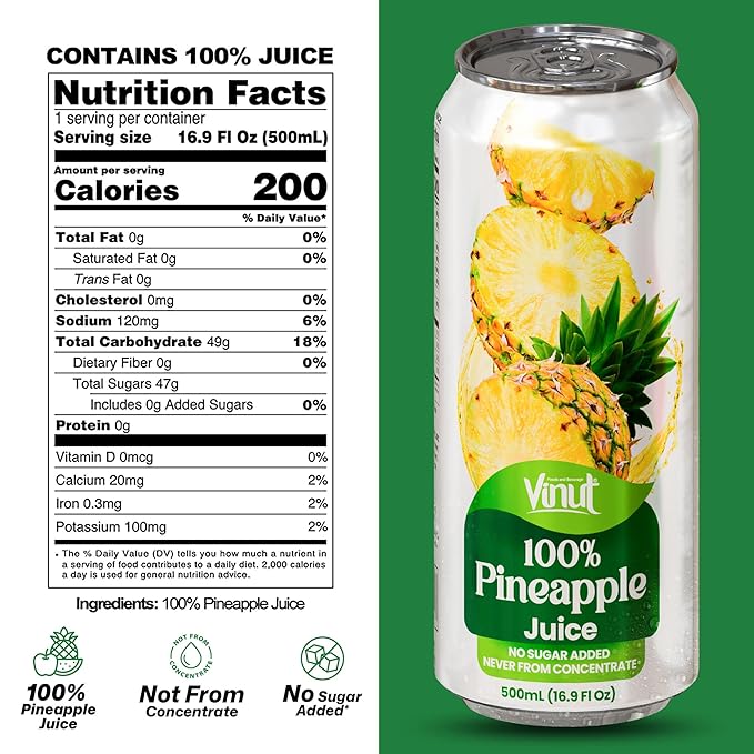 VINUT 100% Pineapple Juice No Added Sugar Not From Concentrate 16.9 fl oz (500 mL) Can Pack of 12