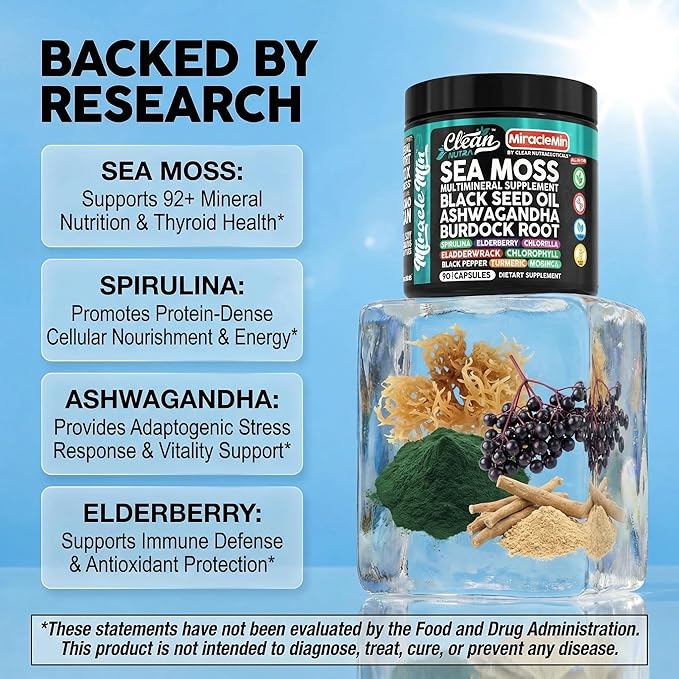 Clean Nutra Organic Sea Moss Capsules with Ashwagandha Black Seed Oil Burdock Root Bladderwrack Moringa Chlorella Spirulina Turmeric Elderberry Amla – 90 Vegan Capsules – MiracleMin
