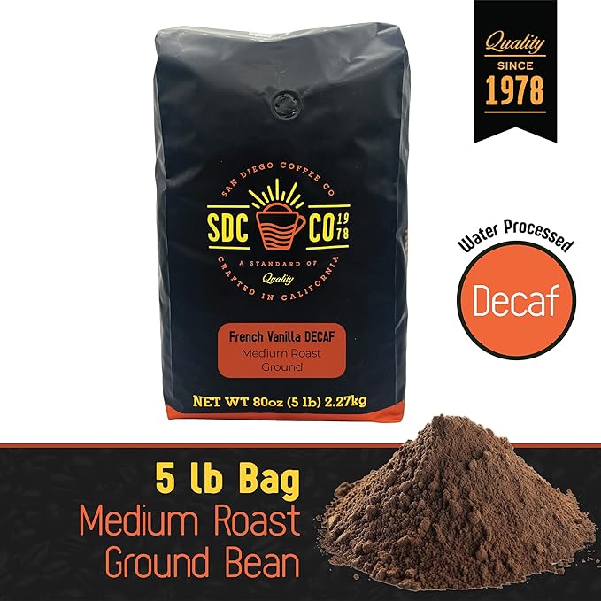 San Diego Coffee DECAF French Vanilla Medium Roast Ground Coffee 5-Pound Bag Café descafeinado molido tostado