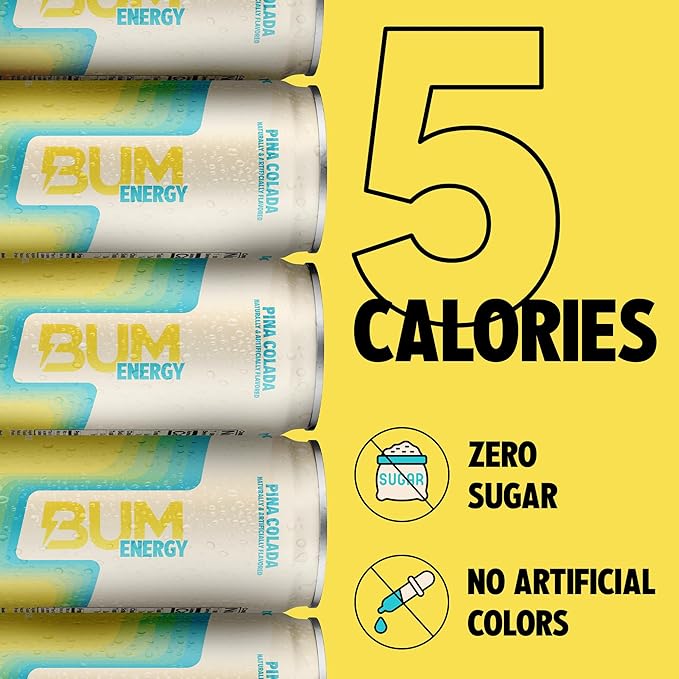BUM Sugar-Free Energy Drink Pina Colada - Lightly Carbonated &amp No Artificial Colors Natural Caffeine &amp Citicoline for Energy &amp Focus Brain Boost &amp Workout Sports Beverage - 12 oz P