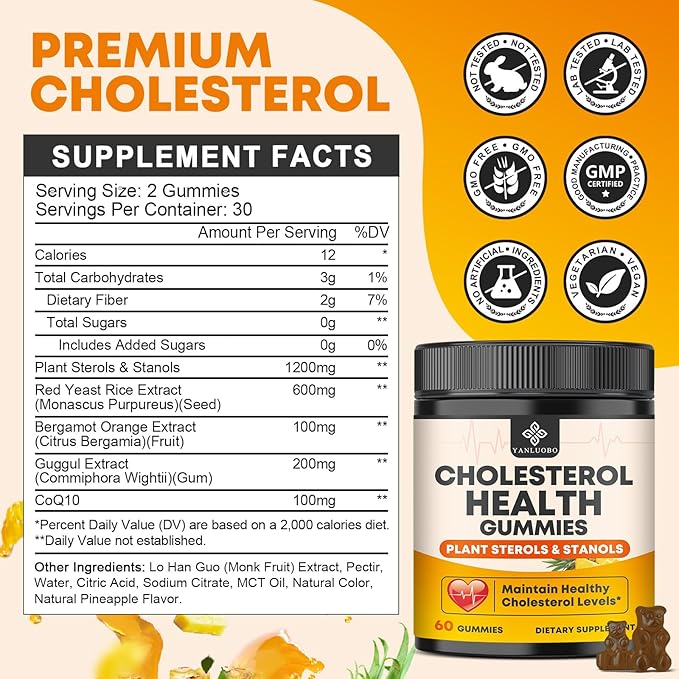 Cholesterol Supplements with 1200mg Plant Sterols &amp Stanols Guggul Bergamot Red Yeast Rice Cholesterol Complex Gummies Support Healthy Cholesterol Levels Pineapple Flavor 60 Counts