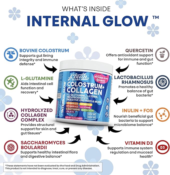 Bovine Colostrum Powder + Collagen Peptides with L-Glutamine L-Lysine Prebiotics Probiotics Digestive Enzymes Vitamin D K2 C Quercetin &amp Folate | Gut Health Supplement Internal Glow by Clean Nutra