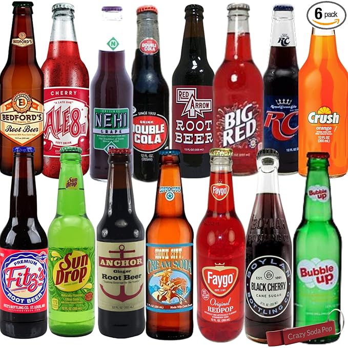 Surprise Variety Premium Craft Soda Sampler | Glass Bottle Pack from Around USA | Includes Crazy Pop Bottle Opener (6 Pack)