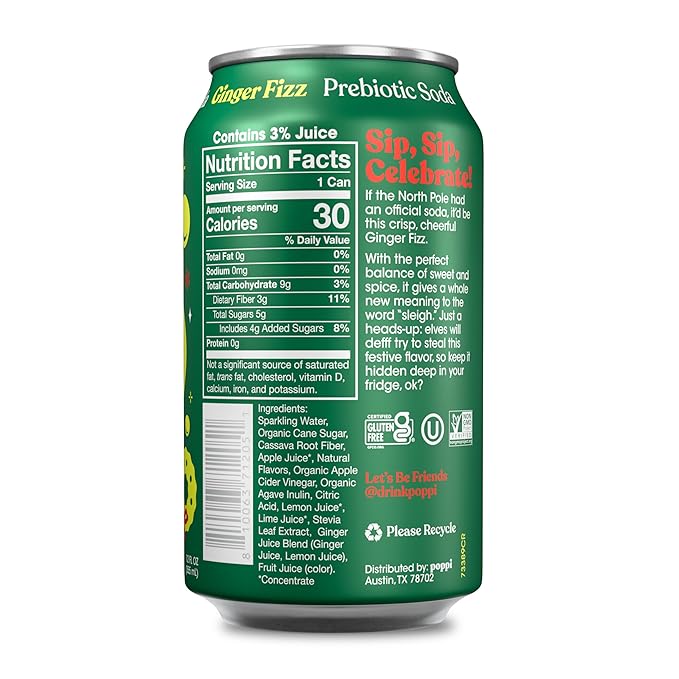Poppi Sparkling Prebiotic Soda Beverage with Apple Cider Vinegar Seltzer Water and Fruit Juice Holiday Ginger Fizz Flavor 12 oz Pack of 12 Packaging May Vary