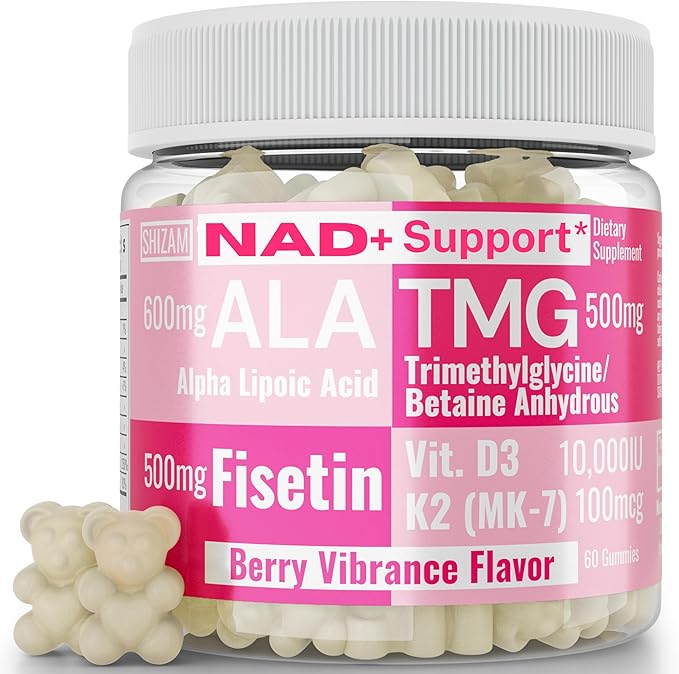 SHIZAM TMG Betaine Alpha Lipoic Acid ALA D3 Fisetin Gummies Tri-Methylglycine trimethylglycine R-Alpha NAD+ Plus + HCL Supplements Mitochondrial Senolytic Activator NR Capsules Powder 600mg 1000mg